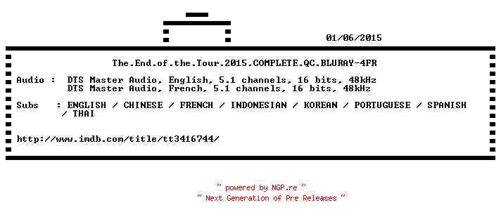 NFO for the release The.End.of.the.Tour.2015.COMPLETE.QC.BLURAY-4FR by 4FR