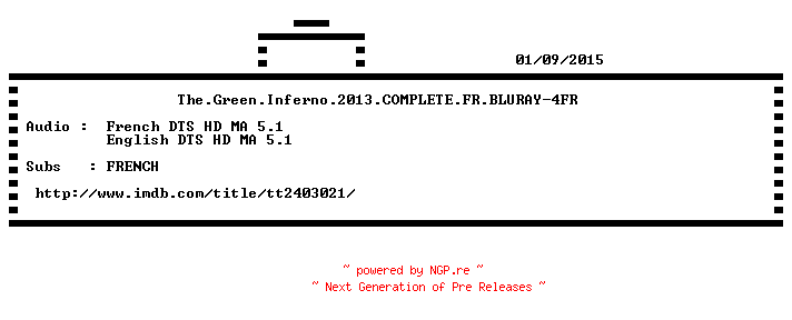 NFO for the release The.Green.Inferno.2013.COMPLETE.FR.BLURAY-4FR by 4FR