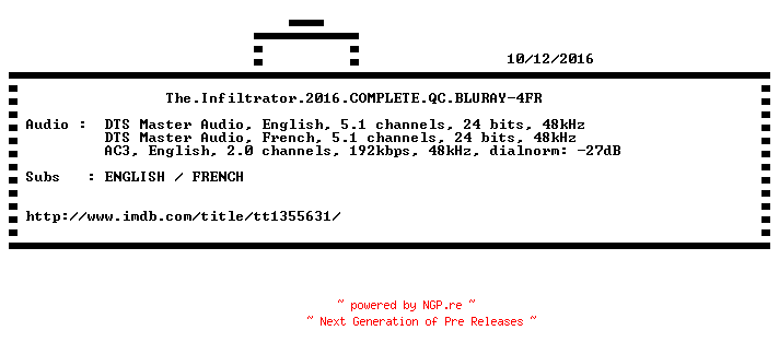 NFO for the release The.Infiltrator.2016.COMPLETE.QC.BLURAY-4FR by 4FR
