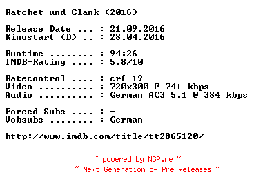 NFO for the release Ratchet.und.Clank.2016.German.2016.AC3.BDRip.x264-COiNCiDENCE by COiNCiDENCE