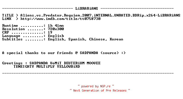 NFO for the release Aliens.vs.Predator.Requiem.2007.iNTERNAL.UNRATED.BDRip.x264-LiBRARiANS by LiBRARiANS
