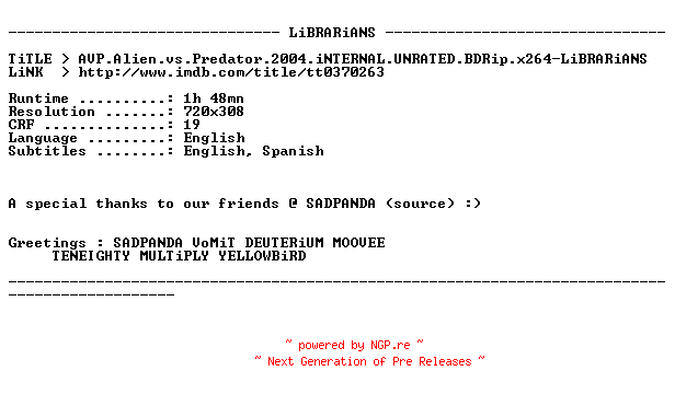 NFO for the release AVP.Alien.vs.Predator.2004.iNTERNAL.UNRATED.BDRip.x264-LiBRARiANS by LiBRARiANS