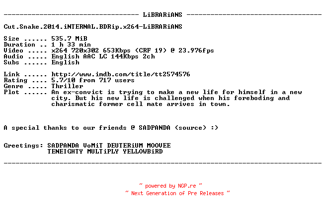 NFO for the release Cut.Snake.2014.iNTERNAL.BDRip.x264-LiBRARiANS by LiBRARiANS
