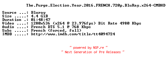 NFO for the release The.Purge.Election.Year.2016.FRENCH.720p.BluRay.x264-CMBHD by CMBHD