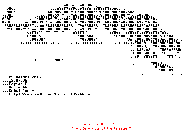 NFO for the release Mr.Holmes.2015.FRENCH.720p.BluRay.x264-PiNKPANTERS by PiNKPANTERS