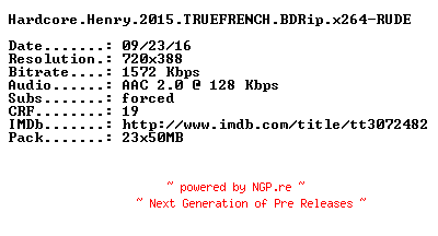 NFO for the release Hardcore.Henry.2015.TRUEFRENCH.BDRip.x264-RUDE by RUDE