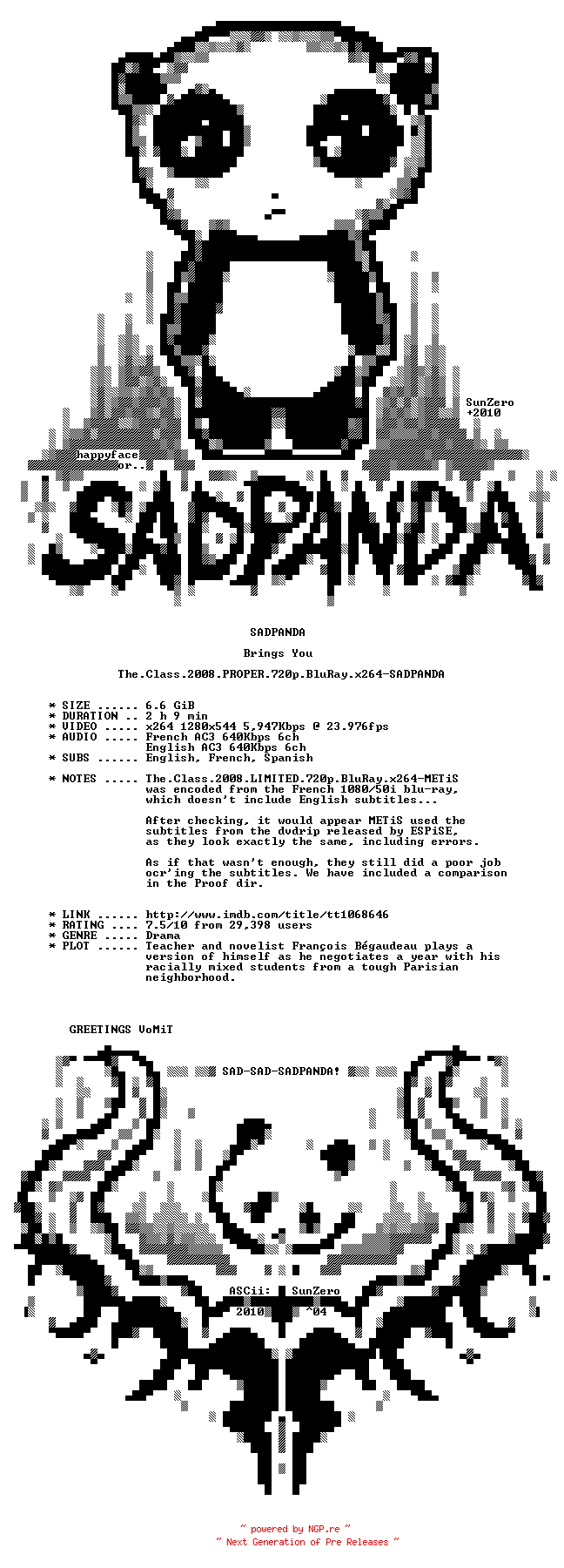 NFO for the release The.Class.2008.PROPER.720p.BluRay.x264-SADPANDA by SADPANDA