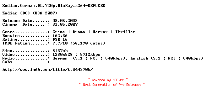 NFO for the release Zodiac.German.DL.720p.BluRay.x264-DEFUSED by DEFUSED