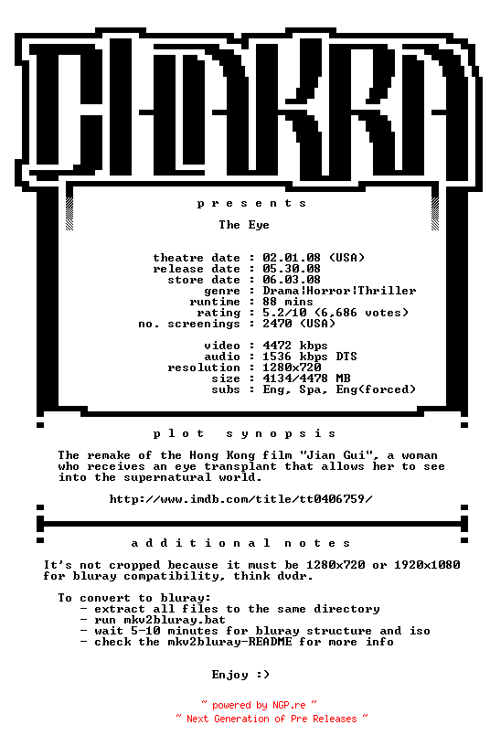 NFO for the release The.Eye.720p.Bluray.x264-Chakra by Chakra
