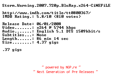 NFO for the release Storm.Warning.2007.720p.BluRay.x264-CiNEFiLE by CiNEFiLE