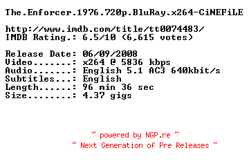 NFO for the release The.Enforcer.1976.720p.BluRay.x264-CiNEFiLE by CiNEFiLE
