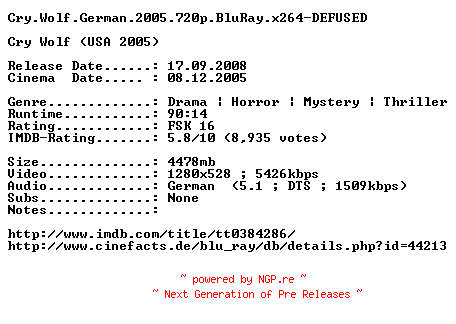 NFO for the release Cry.Wolf.German.2005.720p.BluRay.x264-DEFUSED by DEFUSED