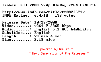 NFO for the release Tinker.Bell.2008.720p.BluRay.x264-CiNEFiLE by CiNEFiLE