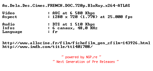 NFO for the release Au.Dela.Des.Cimes.FRENCH.DOC.720p.BluRay.x264-ATLAS by ATLAS