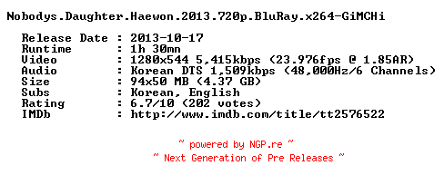 NFO for the release Nobodys.Daughter.Haewon.2013.720p.BluRay.x264-GiMCHi by GiMCHi