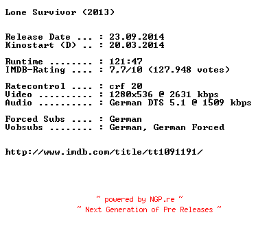 NFO for the release Lone.Survivor.German.720p.BluRay.x264-EXQUiSiTE by EXQUiSiTE
