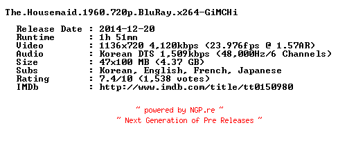NFO for the release The.Housemaid.1960.720p.BluRay.x264-GiMCHi by GiMCHi