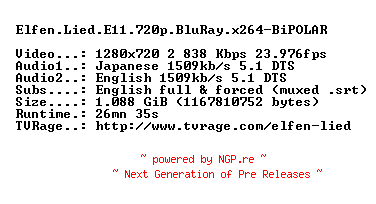 NFO for the release Elfen.Lied.E11.720p.BluRay.x264-BiPOLAR by BiPOLAR