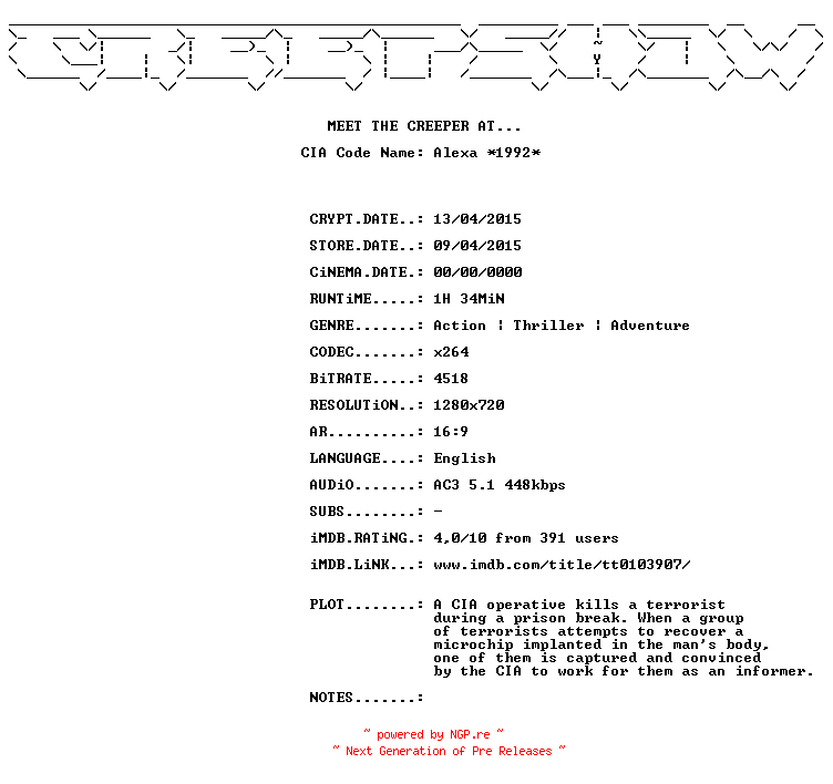 NFO for the release C.I.A.Code.Name.Alexa.1992.720p.BluRay.x264-CREEPSHOW by CREEPSHOW