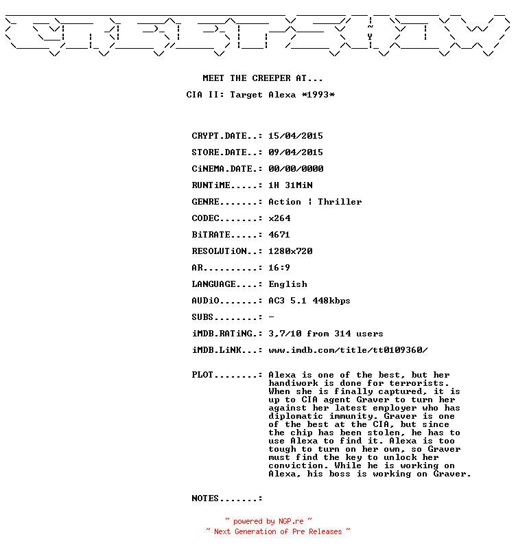 NFO for the release C.I.A.II.Target.Alexa.1993.720p.BluRay.x264-CREEPSHOW by CREEPSHOW