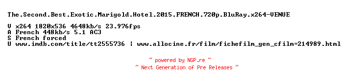 NFO for the release The.Second.Best.Exotic.Marigold.Hotel.2015.FRENCH.720p.BluRay.x264-VENUE by VENUE