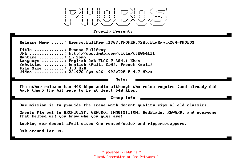 NFO for the release Bronco.Bullfrog.1969.PROPER.720p.BluRay.x264-PHOBOS by PHOBOS