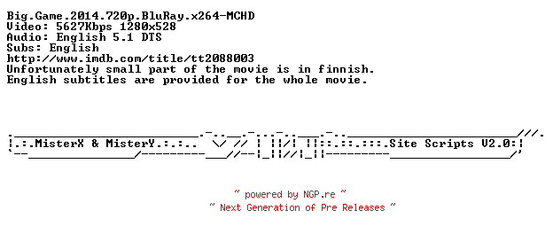 NFO for the release Big.Game.2014.720p.BluRay.x264-MCHD by MCHD