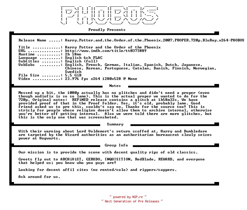 NFO for the release Harry.Potter.and.the.Order.of.the.Phoenix.2007.PROPER.720p.BluRay.x264-PHOBOS by PHOBOS