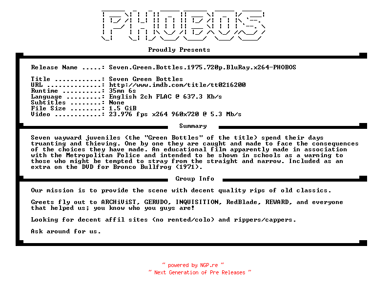 NFO for the release Seven.Green.Bottles.1975.720p.BluRay.x264-PHOBOS by PHOBOS