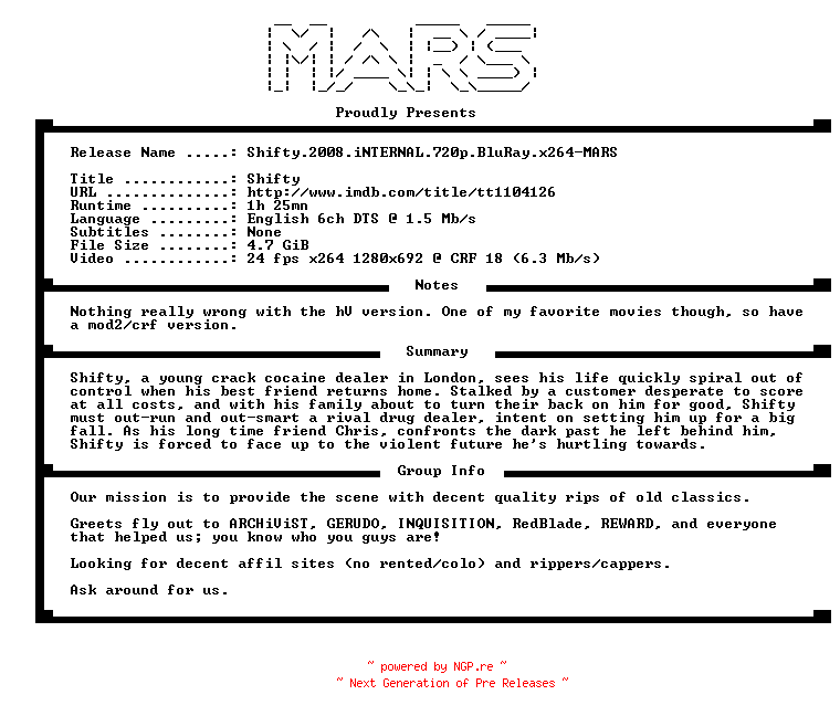 NFO for the release Shifty.2008.iNTERNAL.720p.BluRay.x264-MARS by MARS