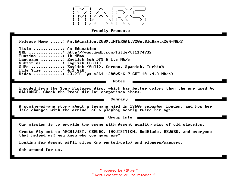 NFO for the release An.Education.2009.iNTERNAL.720p.BluRay.x264-MARS by MARS