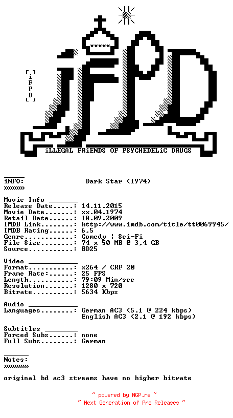 NFO for the release Dark.Star.1974.German.DL.720p.Bluray.x264-iFPD by iFPD
