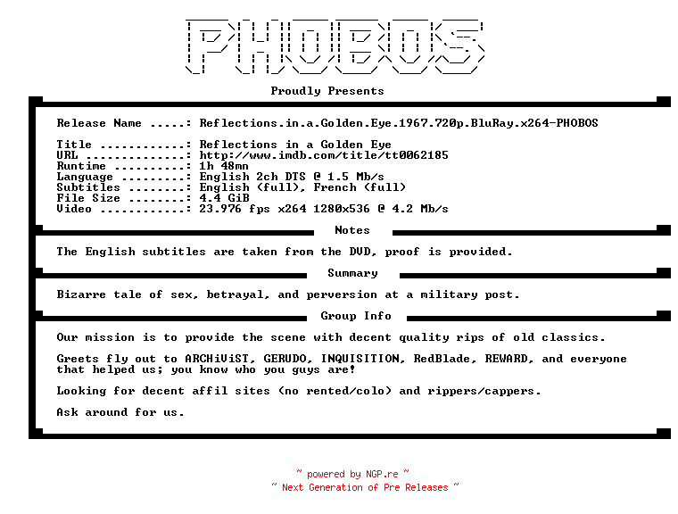 NFO for the release Reflections.in.a.Golden.Eye.1967.720p.BluRay.x264-PHOBOS by PHOBOS