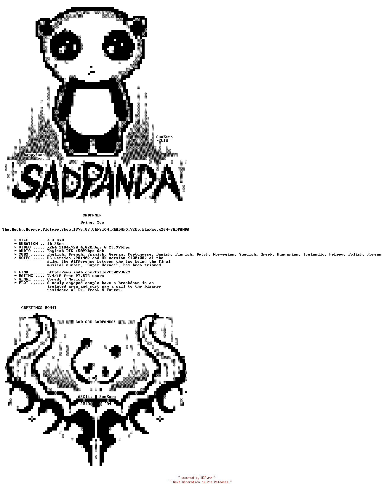 NFO for the release The.Rocky.Horror.Picture.Show.1975.US.VERSiON.READNFO.720p.BluRay.x264-SADPANDA by SADPANDA