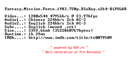 NFO for the release Fantasy.Mission.Force.1983.720p.BluRay.x264-BiPOLAR by BiPOLAR