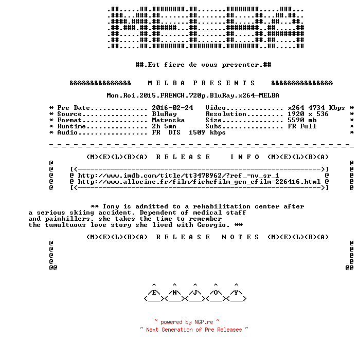 NFO for the release Mon.Roi.2015.FRENCH.720p.BluRay.x264-MELBA by MELBA