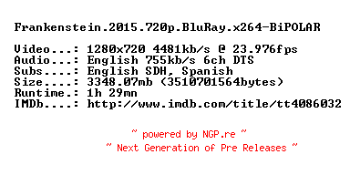 NFO for the release Frankenstein.2015.720p.BluRay.x264-BiPOLAR by BiPOLAR