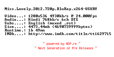NFO for the release Miss.Lovely.2012.720p.BluRay.x264-USURY by USURY