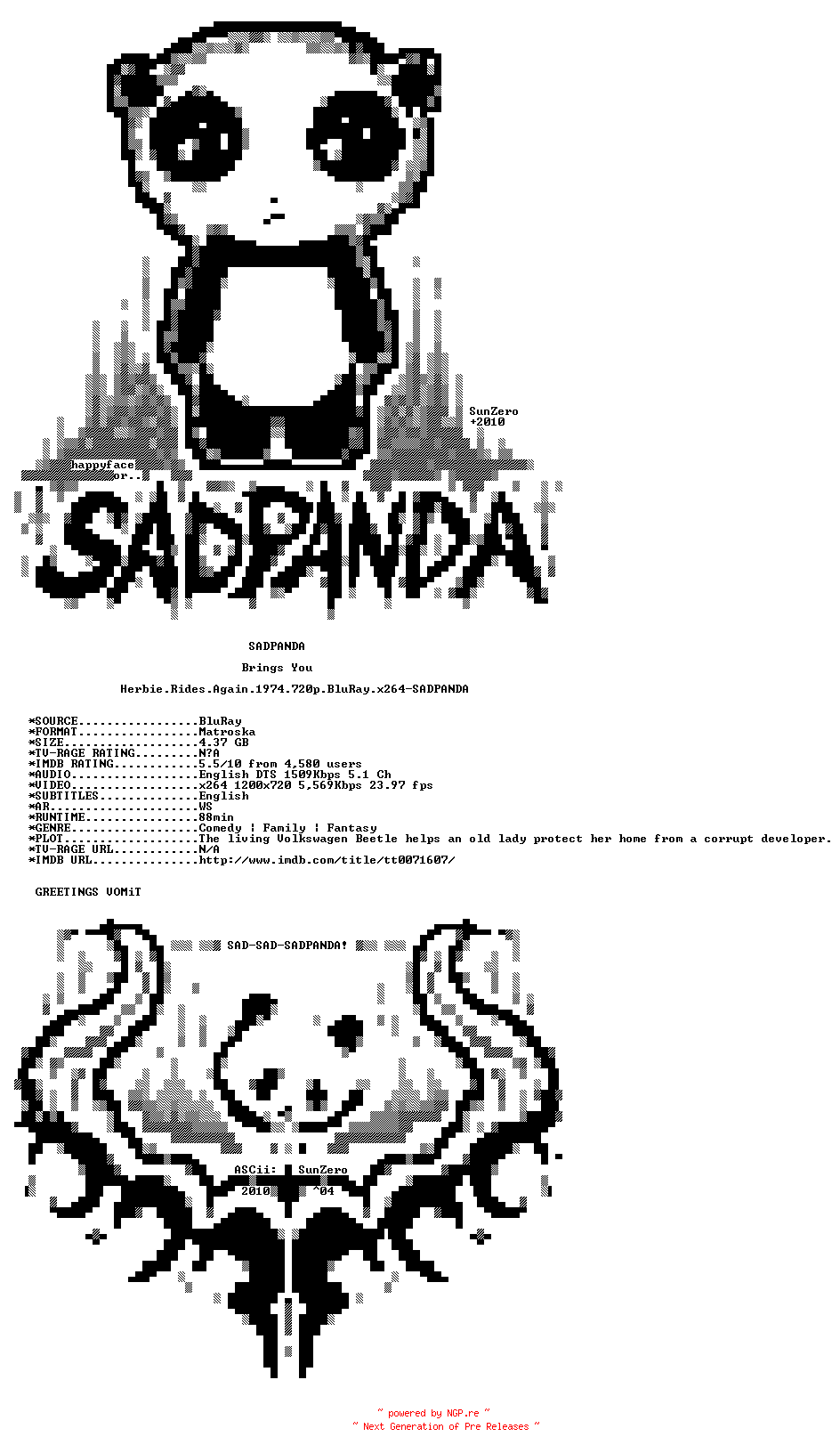 NFO for the release Herbie.Rides.Again.1974.720p.BluRay.x264-SADPANDA by SADPANDA