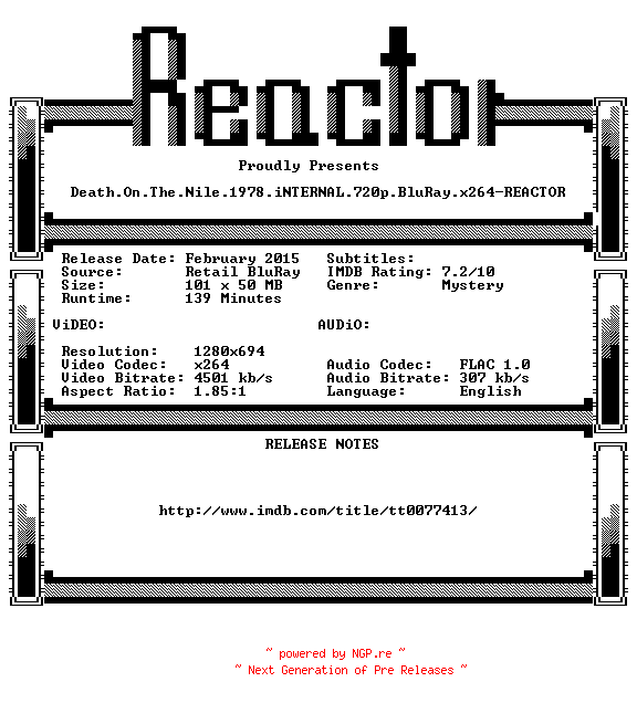 NFO for the release Death.On.The.Nile.1978.iNTERNAL.720p.BluRay.x264-REACTOR by REACTOR