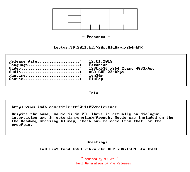 NFO for the release Lootus.3D.2011.EE.720p.BluRay.x264-EMX by EMX