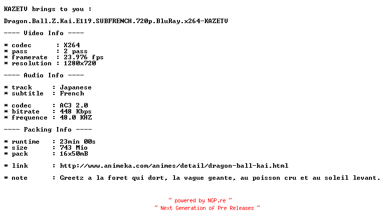 NFO for the release Dragon.Ball.Z.Kai.E119.SUBFRENCH.720p.BluRay.x264-KAZETV by KAZETV