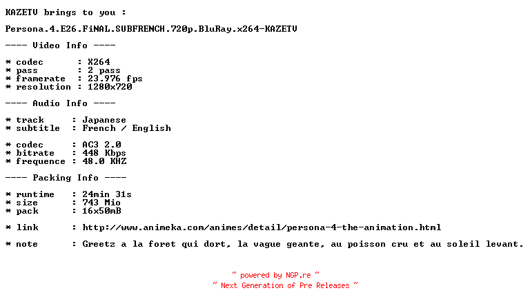 NFO for the release Persona.4.E26.FiNAL.SUBFRENCH.720p.BluRay.x264-KAZETV by KAZETV