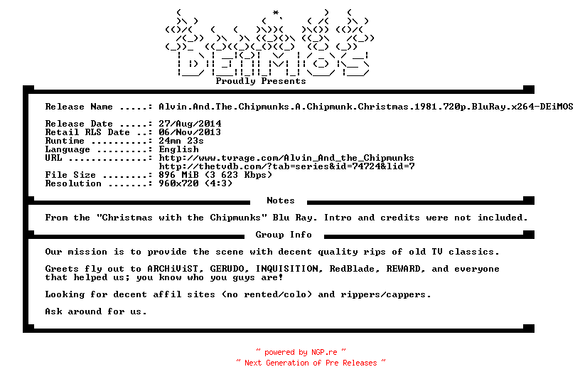NFO for the release Alvin.And.The.Chipmunks.A.Chipmunk.Christmas.1981.720p.BluRay.x264-DEiMOS by DEiMOS