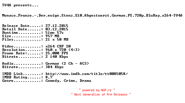 NFO for the release Monaco.Franze.-.Der.ewige.Stenz.E10.Abgestuerzt.German.FS.720p.BluRay.x264-TV4A by TV4A
