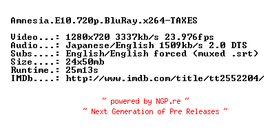 NFO for the release Amnesia.E10.720p.BluRay.x264-TAXES by TAXES