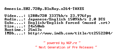 NFO for the release Amnesia.E02.720p.BluRay.x264-TAXES by TAXES