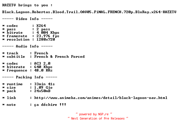 NFO for the release Black.Lagoon.Robertas.Blood.Trail.OAV05.FiNAL.FRENCH.720p.BluRay.x264-KAZETV by KAZETV