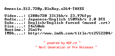 NFO for the release Amnesia.E12.720p.BluRay.x264-TAXES by TAXES