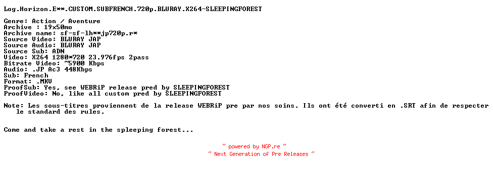NFO for the release Log.Horizon.E23.CUSTOM.SUBFRENCH.720p.BLURAY.X264-SLEEPINGFOREST by SLEEPINGFOREST